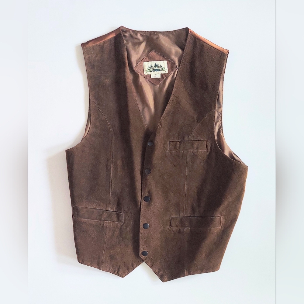 Timber Trail Snap Front Leather Vest Lined Back Nylon Mens Medium Brown